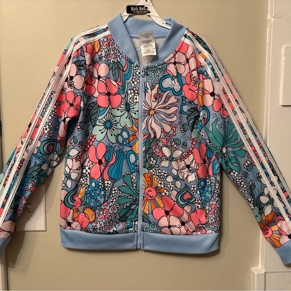 Adidas Floral Track Jacket Girls Youth 16 Retro Three Stripe Zip Up - Picture 10 of 10
